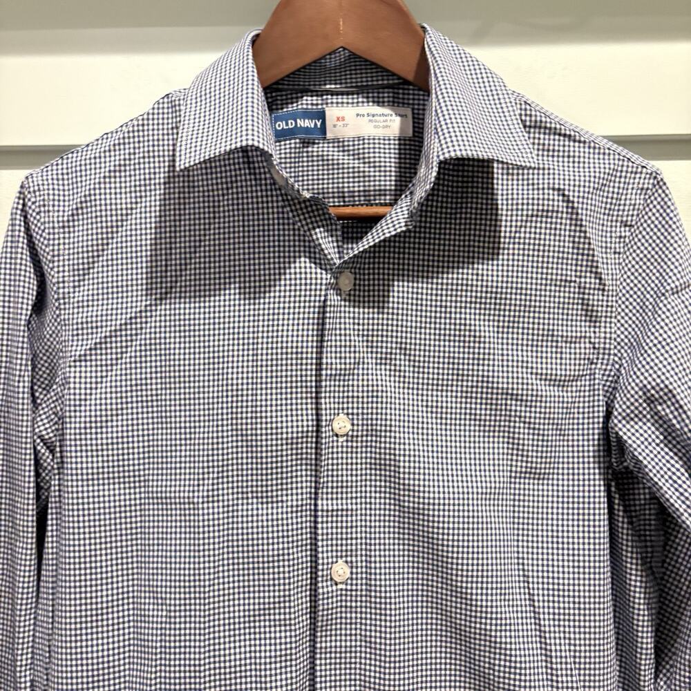 Old Navy Pro Signature Dress Shirt Men XS 16 33” Blue Check Long Sleeve Work‎